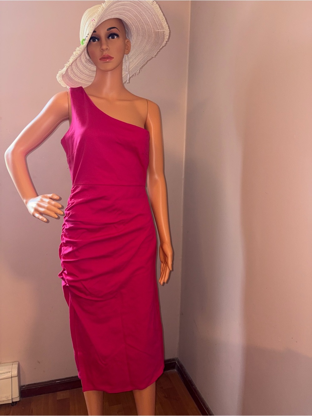 One-Shoulder Ruched Midi Dress in Hot Pink